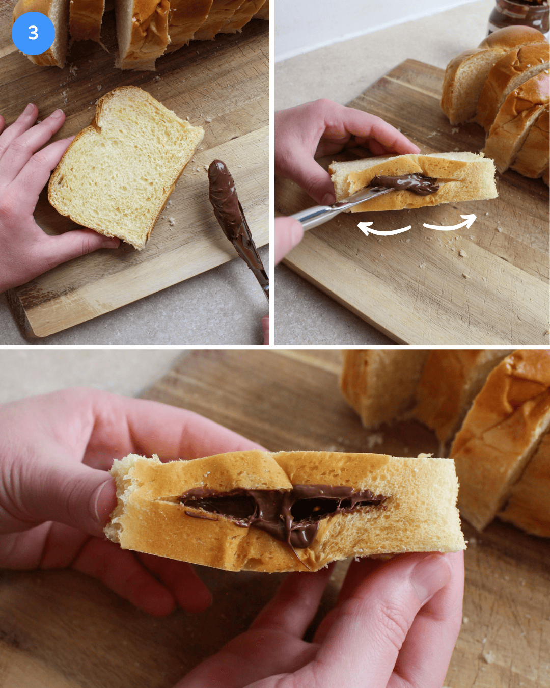 Steps showing how to fill a slice of brioche bread with Nutella: after cutting a pocket in the bread, coat a butter knife in Nutella and stick it into the pocket. Rock it back and forth gently to spread the Nutella inside the pocket.