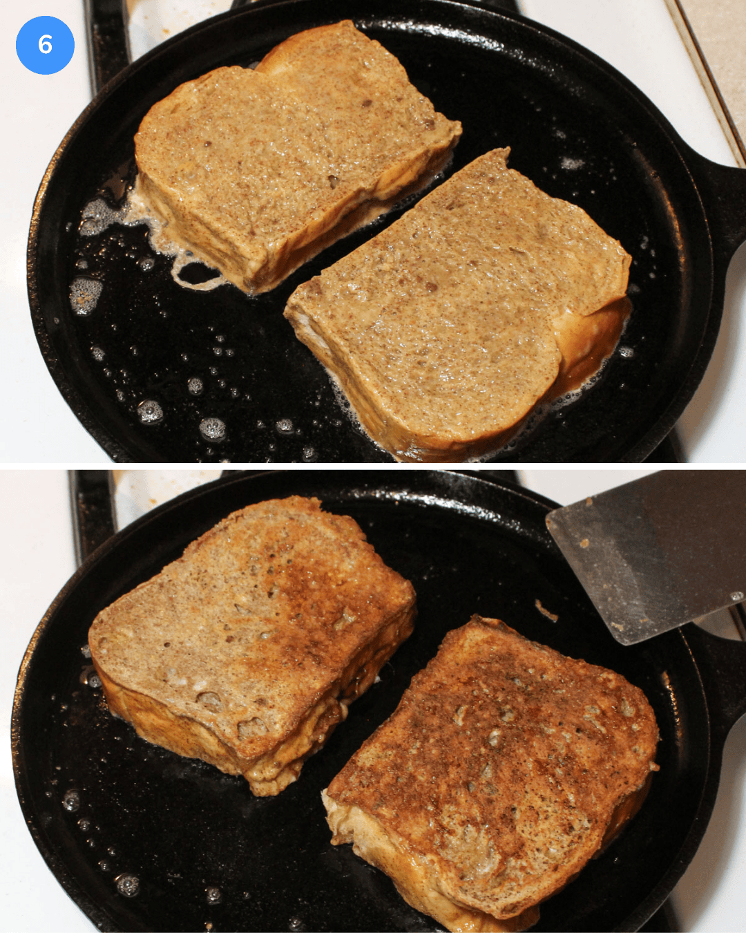 Two slices of brioche french toast cooking on a cast iron griddle, before and after flipping.