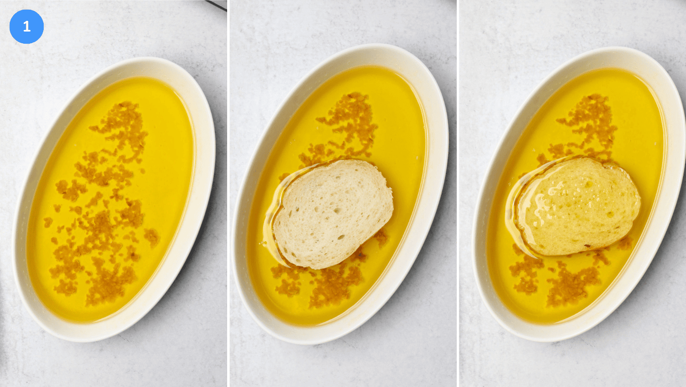 Three photos showing a bowl of olive oil with garlic and salt mixed in, then coating both sides of baguette slices in the mixture.