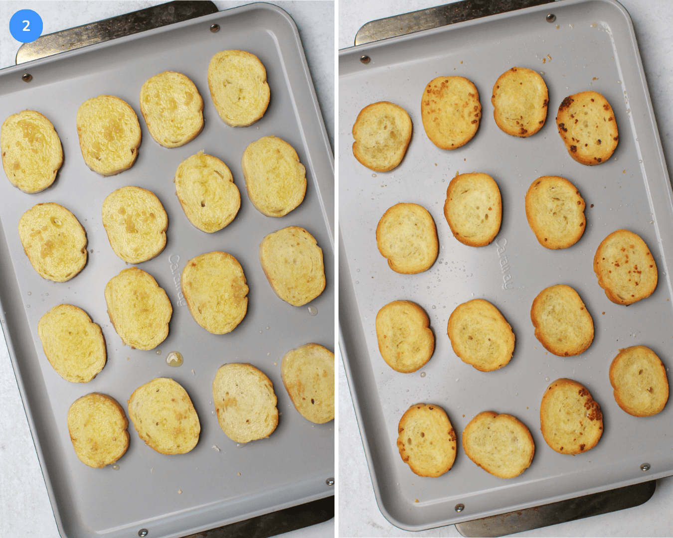 A side by side photo of oiled crostini slices on a large ceramic baking sheet, before and after toasting in the oven.