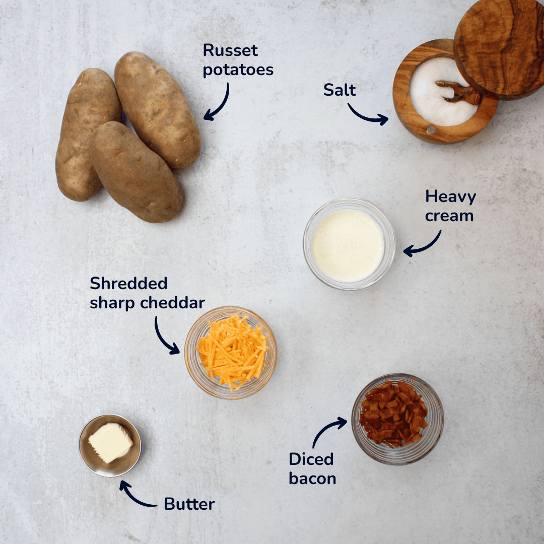An ingredients image of twice air fried potatoes: russet potatoes, salt, heavy cream, cheddar cheese, butter, and diced bacon.