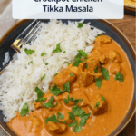 A blue stone bowl of freshly made chicken tikka masala and rice with a title overlaid.