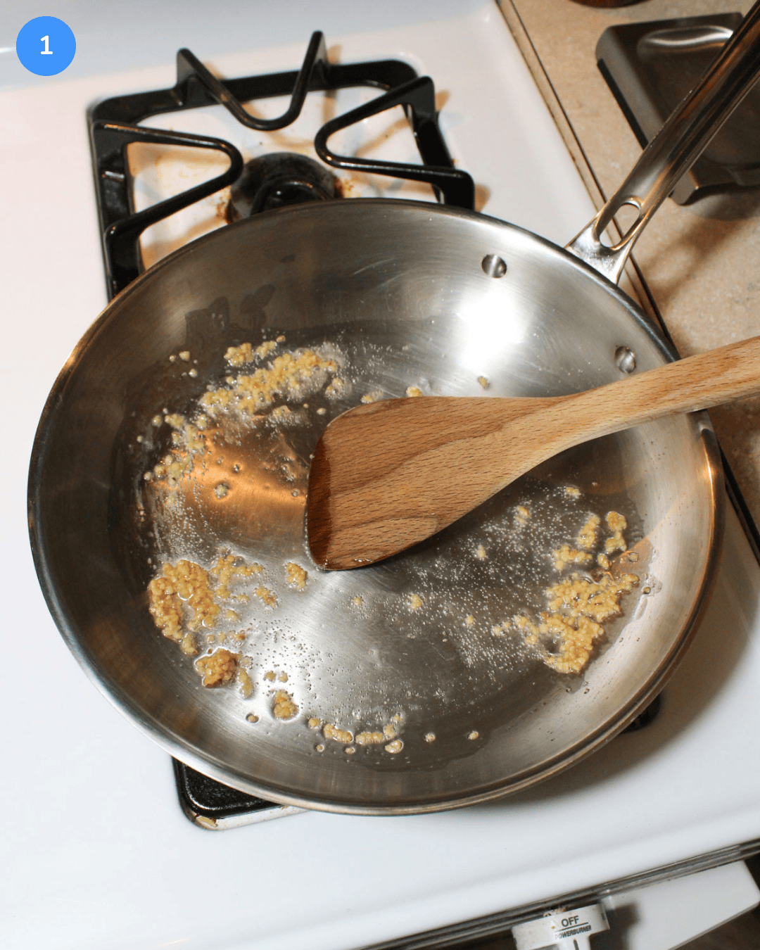 Pesto risotto step 1: blooming the garlic