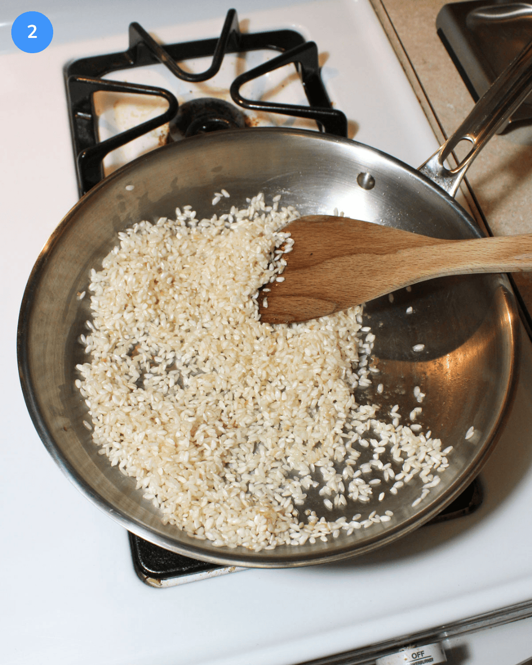Pesto risotto step 2: toasting the arborio rice