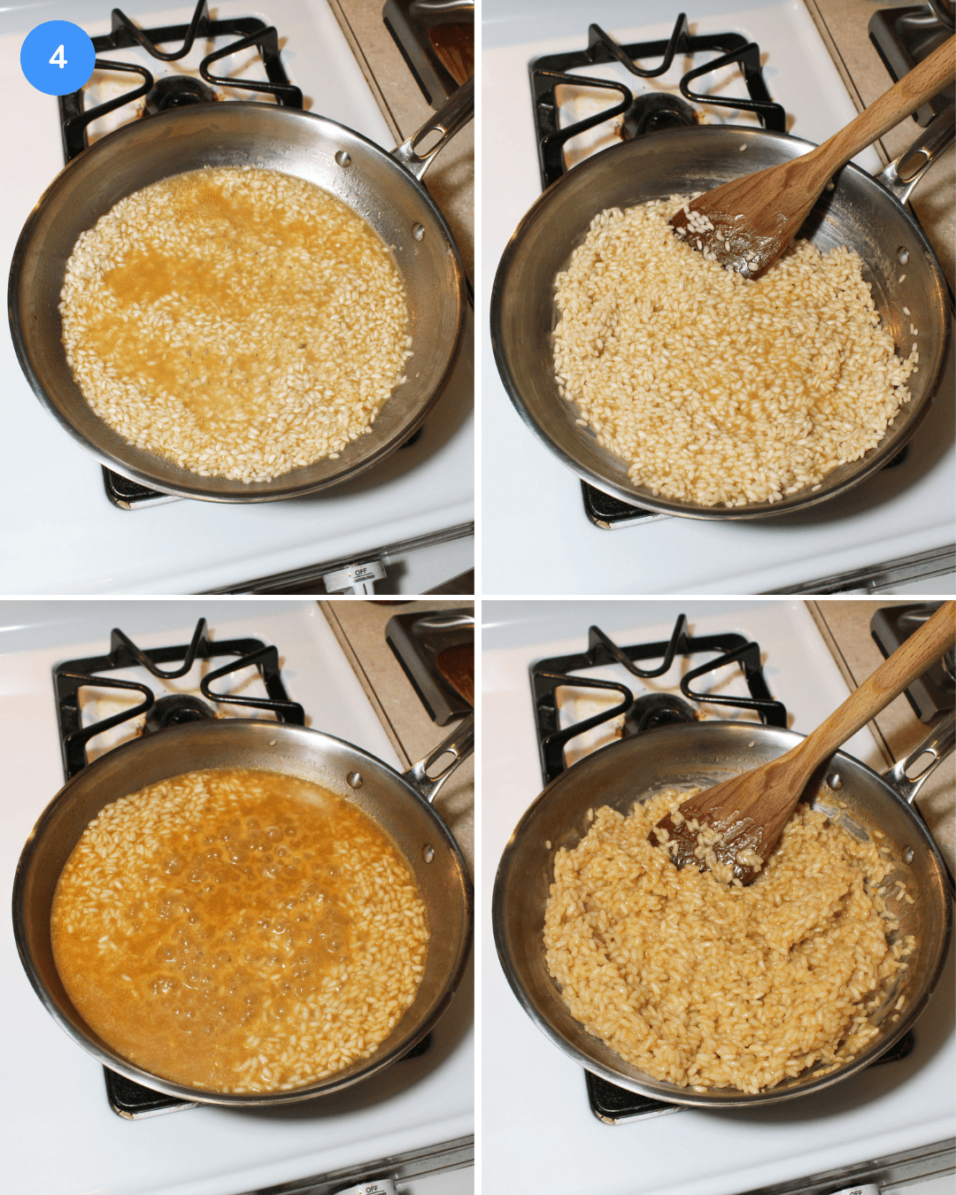 Pesto risotto step 4: a montage of the rice having more broth added to it over time as it soaks it up.