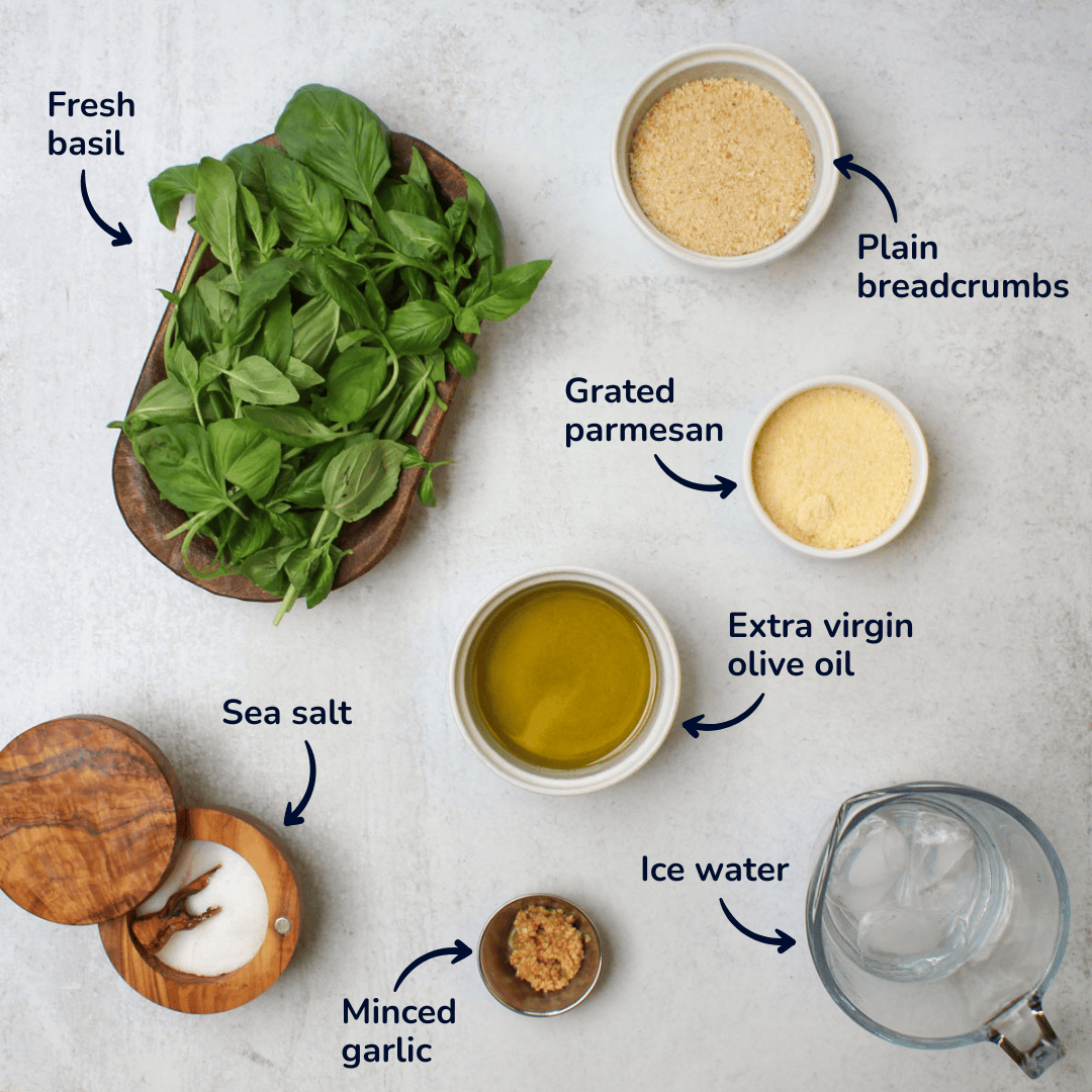 Ingredients for making pesto without nuts: fresh basil, plain breadcrumbs, grated parmesan, extra virgin olive oil, minced garlic, sea salt, and ice water.