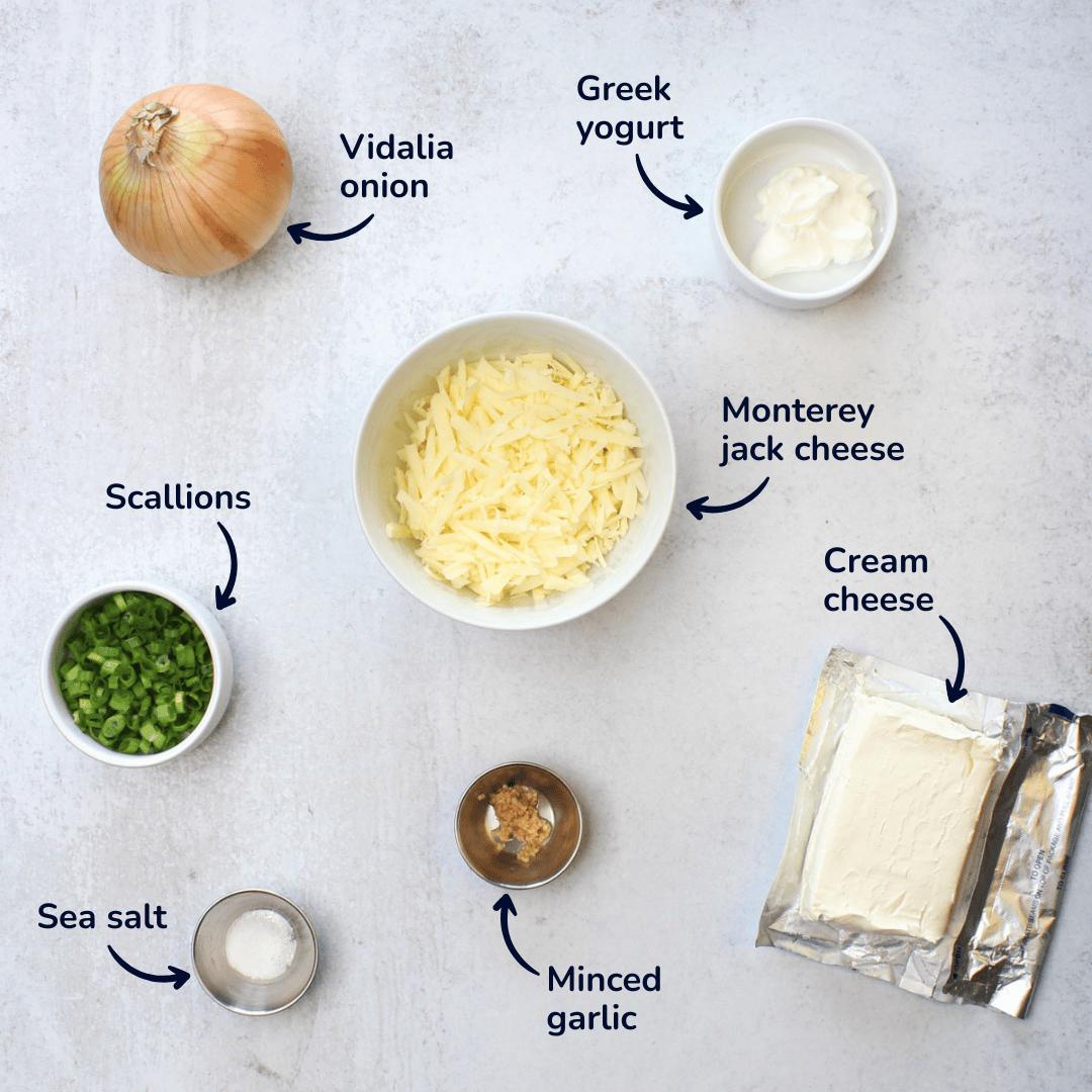 Ingredients for making onion dip: vidalia onion, greek yogurt, monterey jack cheese, cream cheese, scallions, sea salt, and minced garlic.