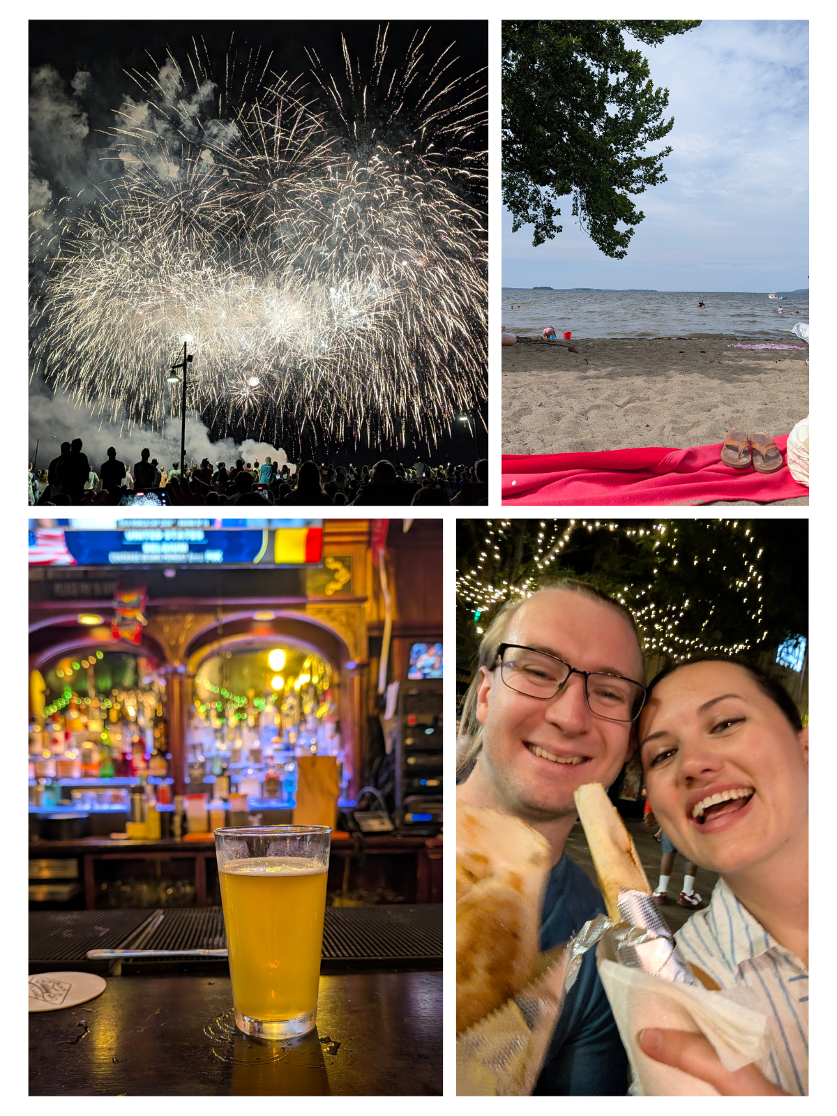 A collage of fireworks, beach, a beer, and Nicole and Alex with shawarma.