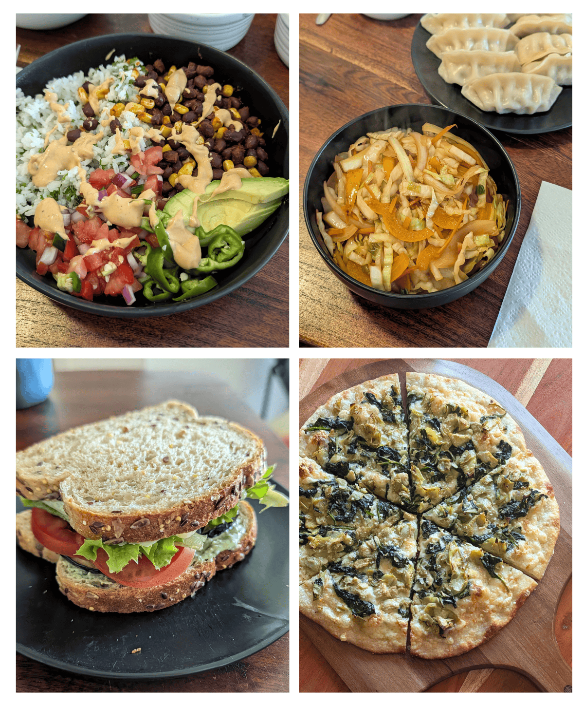 A collage of easy summer meals: burrito bowl, stir fry, sandwich, pizza.
