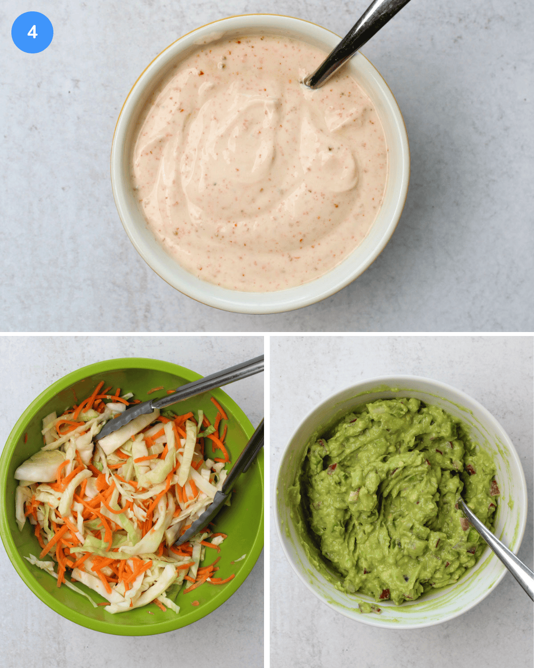 A collage of homemade taco toppings: Tajin lime crema, carrot and cabbage slaw, and guacamole.