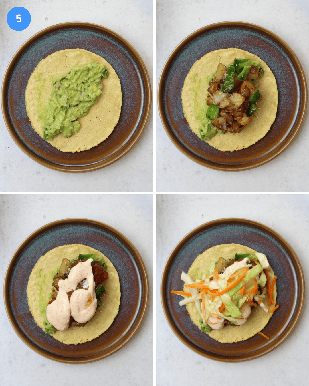 A collage demonstrating how to assemble potato tacos: corn tortilla, guacamole, crispy potato and poblano filling, salsa, crema, slaw.
