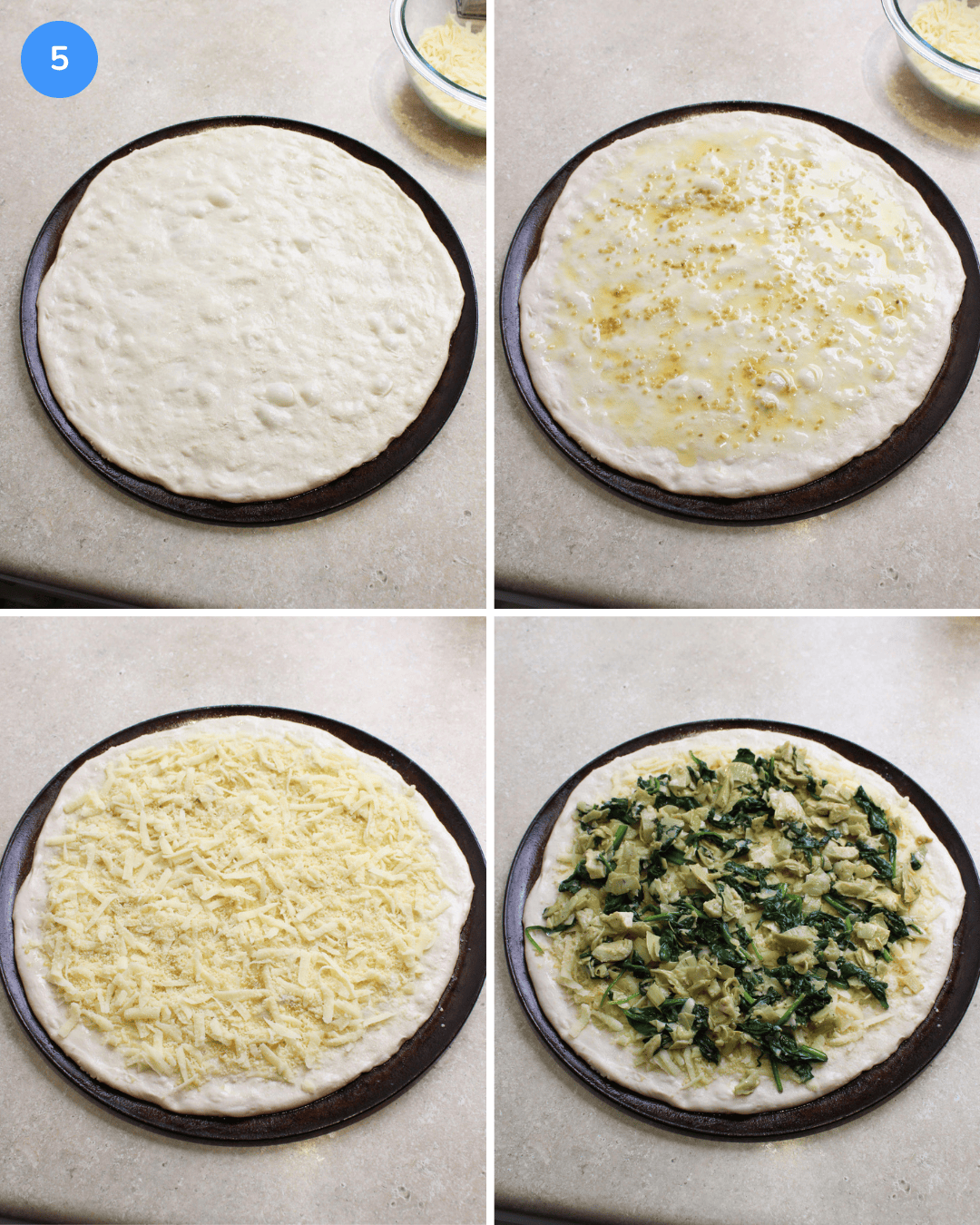 A collage showing how to assemble a spinach and artichoke pizza: stretch the dough, top with olive oil and garlic, top with cheese blend, then top with sauteed spinach and artichokes.
