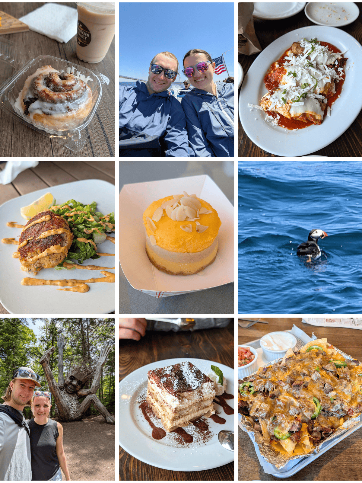 A collage of food and pictures of Alex and Nicole on a trip to coastal Maine.