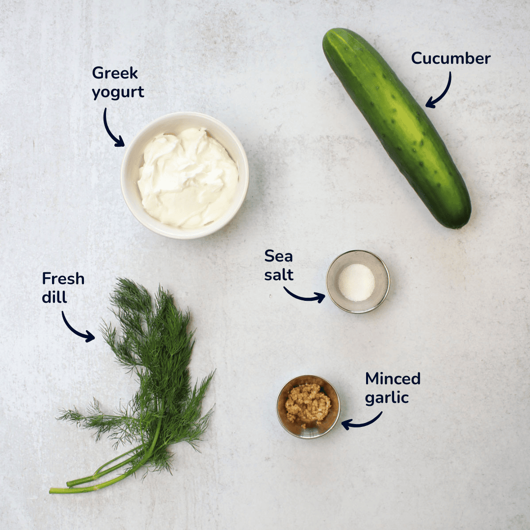 Ingredients for making tzatziki: cucumber, greek yogurt, sea salt, minced garlic, and fresh dill.