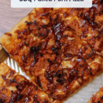 A square slice of barbecue pulled pork pizza with a title overlaid.