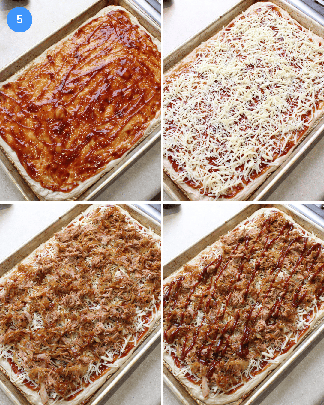 A collage showing how to assemble a barbecue pulled pork pizza: barbecue sauce, cheese blend, pulled pork and caramelized onions, and extra barbecue sauce drizzle.
