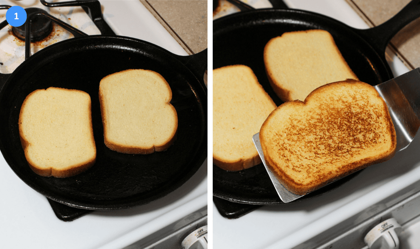 A collage showing how to toast hawaiian bread on a cast iron griddle for making blt club sandwiches.