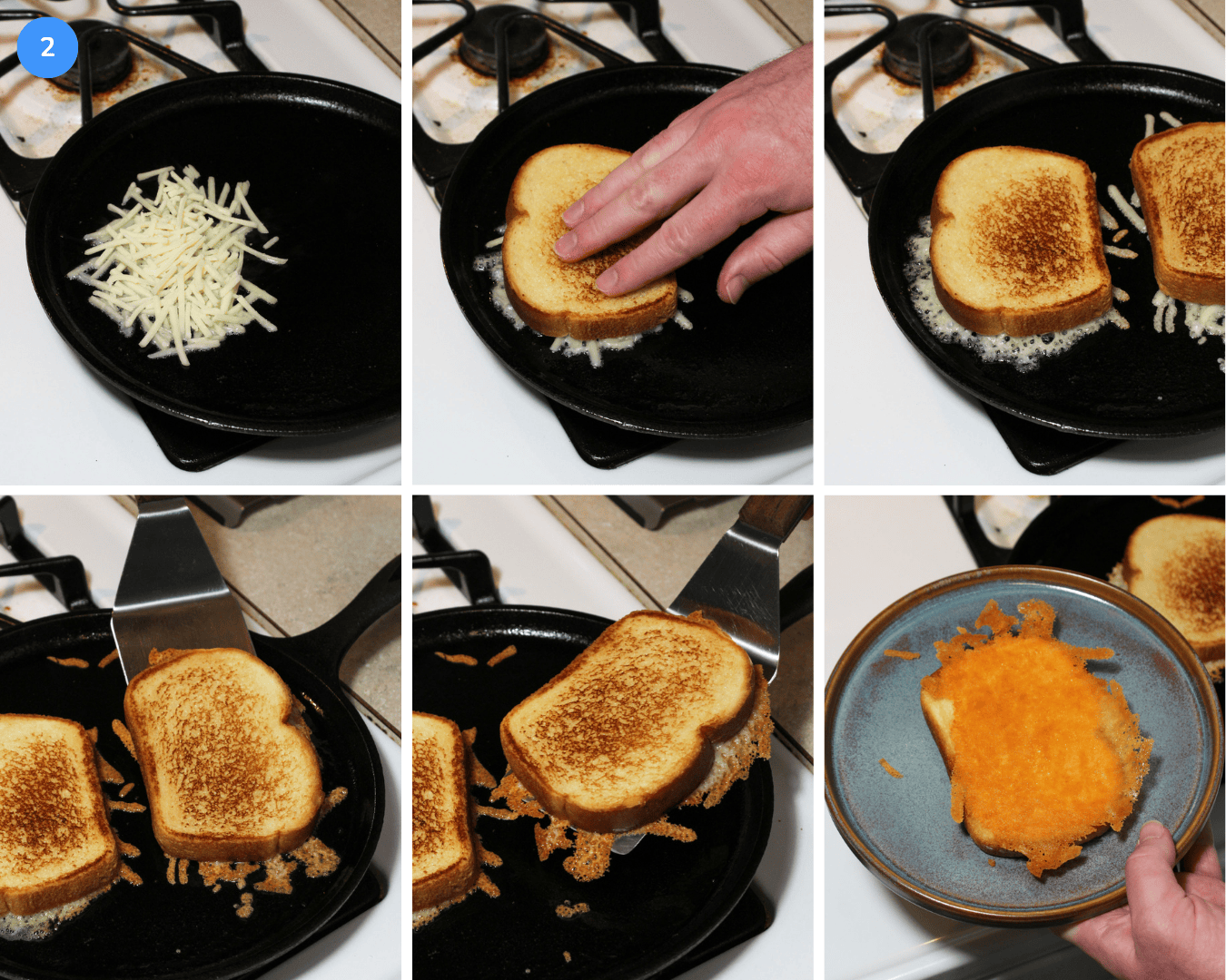 A collage showing how to make a cheese skirt on hawaiian bread: add shredded cheese to a cast iron skillet, press bread onto it, let it get crispy, then scrape it up with a metal spatula.