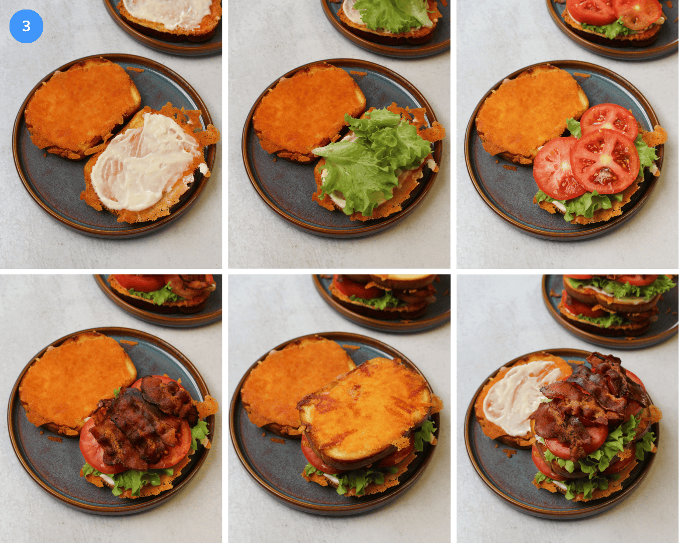 A collage showing how to make a cheesy blt club sandwich: spread garlic aioli on one slice of bread, then stack with lettuce, tomato, and bacon. Add a second slice of cheesy bread, stack with another layer of lettuce, tomato, and bacon, then add garlic aioli onto the top slice of bread.