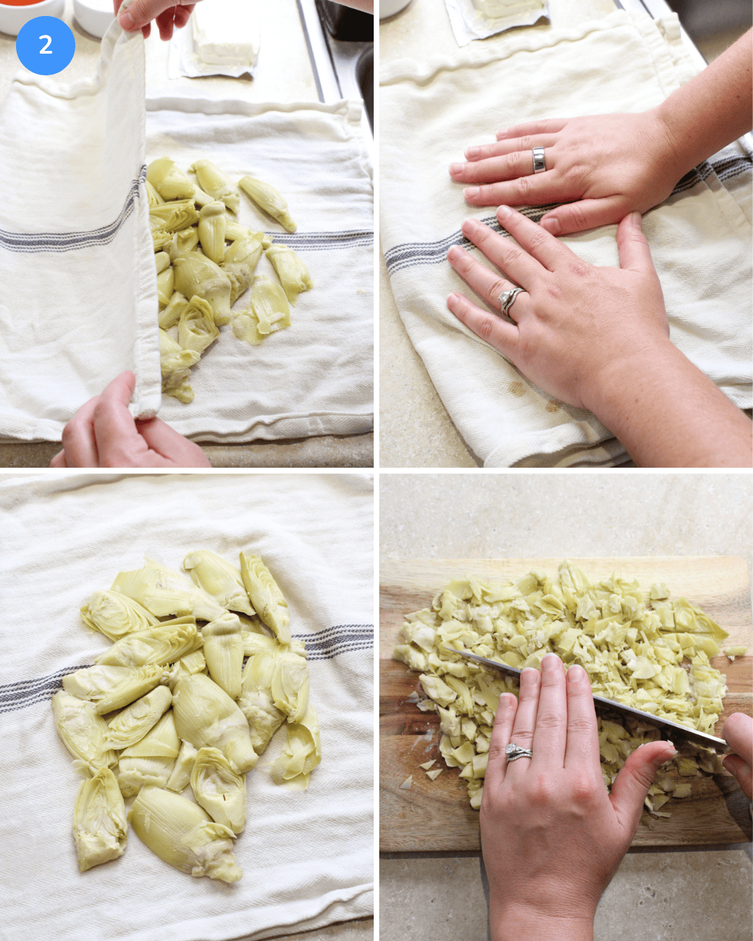 A collage showing the steps to pat artichoke hearts dry with a kitchen towel, then chop them on a wooden cutting board.