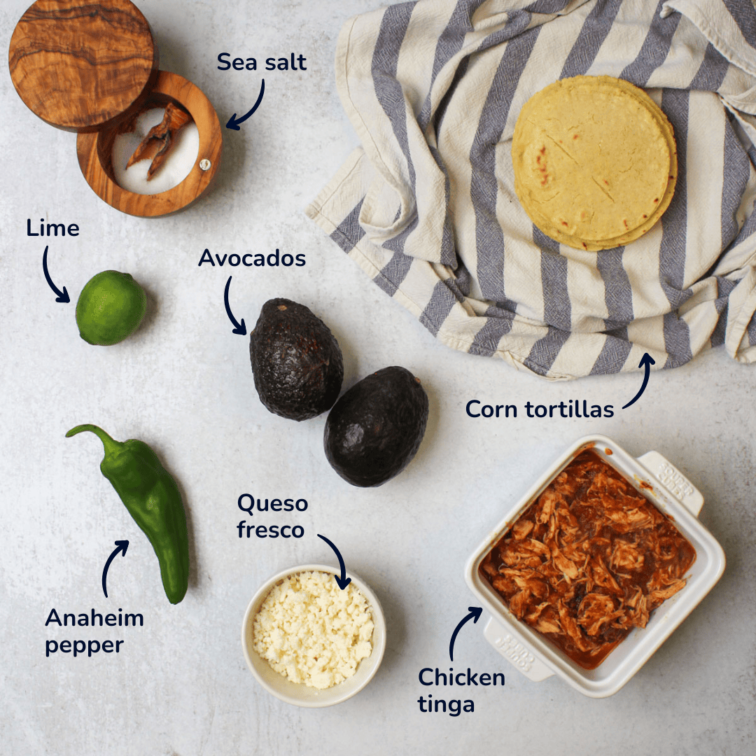 Ingredients for making chicken tinga tacos: chicken tinga, corn tortillas, queso fresco, avocados, anaheim pepper, lime, and sea salt.