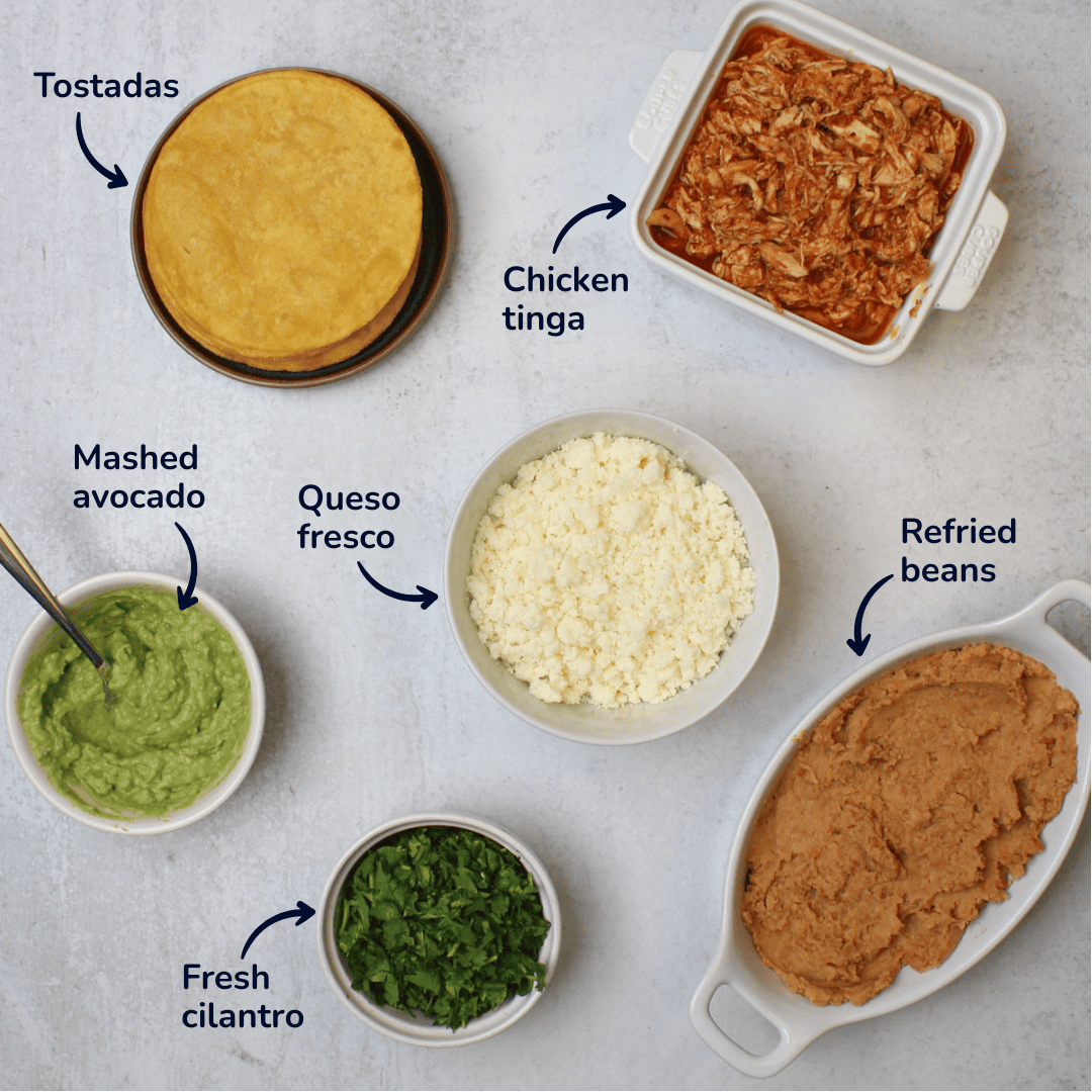 Ingredients for make-ahead chicken tinga tostadas: chicken tinga, tostadas, queso fresco, mashed avocado, fresh cilantro, and refried beans.