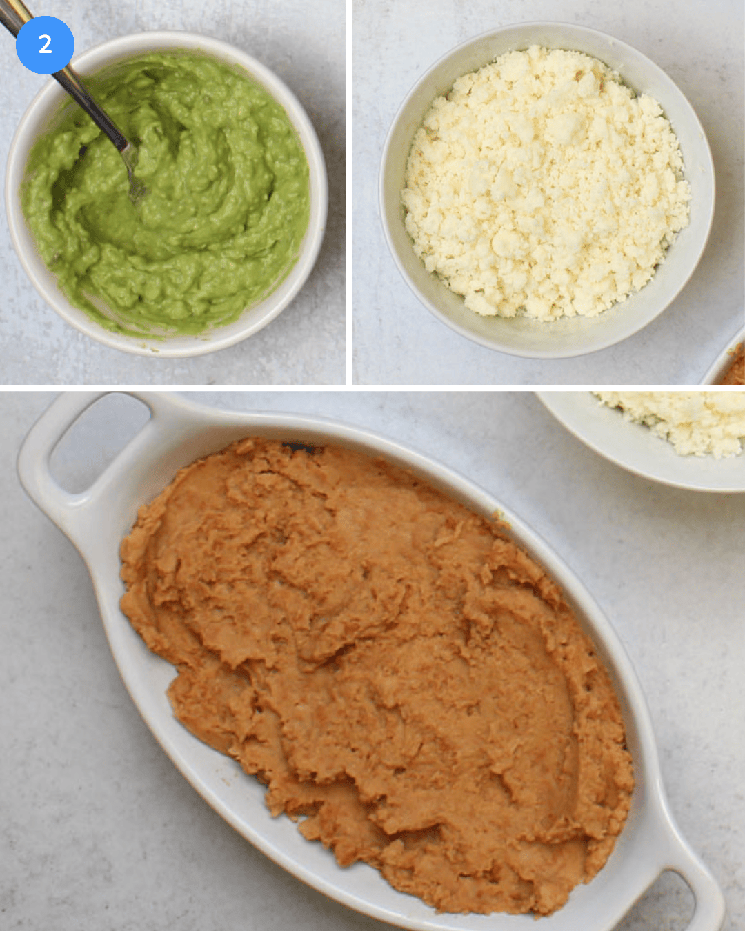 A collage showing ingredient prep for tostadas: mashed avocado, crumbled queso fresco, and warm refried beans.
