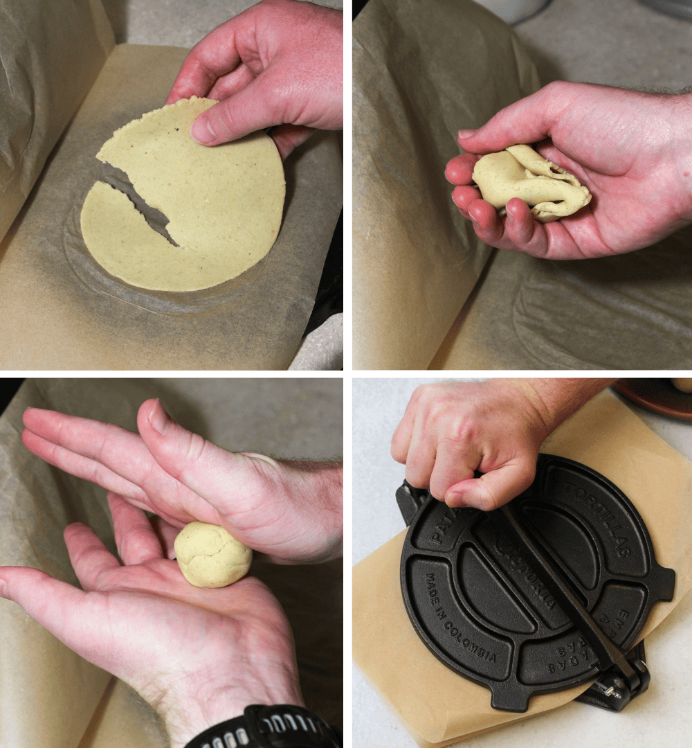 A collage of homemade tortilla steps showing what to do if a tortilla rips while being pressed. Step 1, remove it from the press, step 2 and 3, crumple it into a ball and then round it out, step 4, press it again.