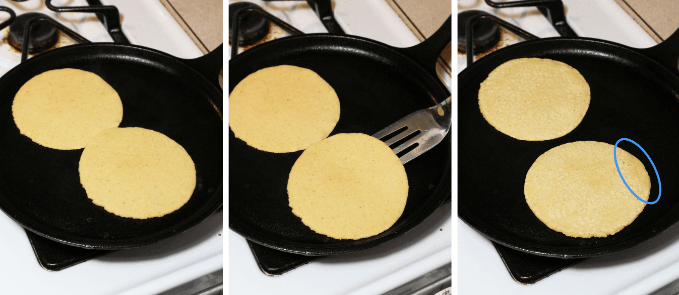 A set of 3 images of corn tortillas on a cast iron pan being cooked. The first image shows the tortillas slightly overlapped, the second shows undoing the overlap once the tortillas are slightly cooked, and the final shows the tortillas separated and highlights where the overlap was where the tortillas are under cooked.