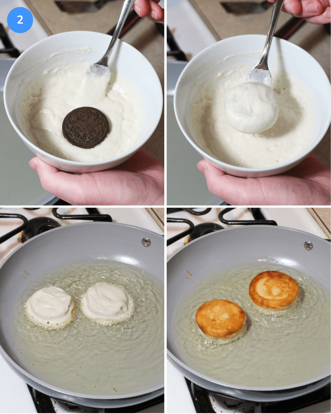 A collage showing how to make fried oreos: coat both sides of an oreo in batter, then add to hot oil in a frying pan and cook until golden brown on both sides.
