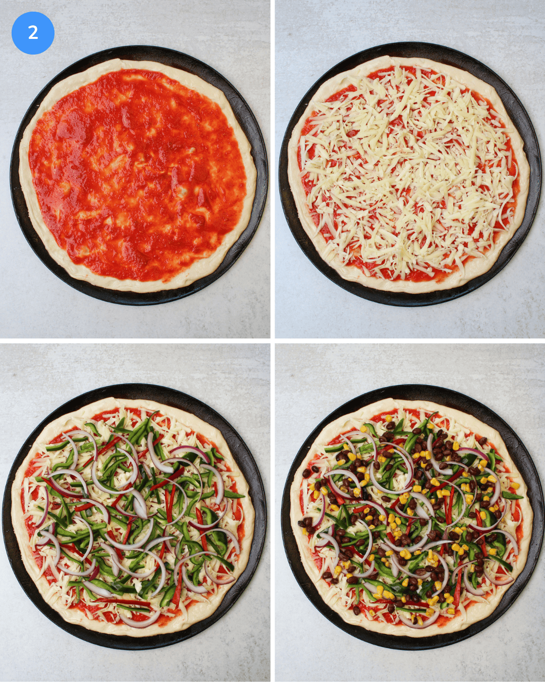 A collage showing how to make a southwest veggie pizza: red sauce, cheese blend, peppers and onions, black bean corn salsa.