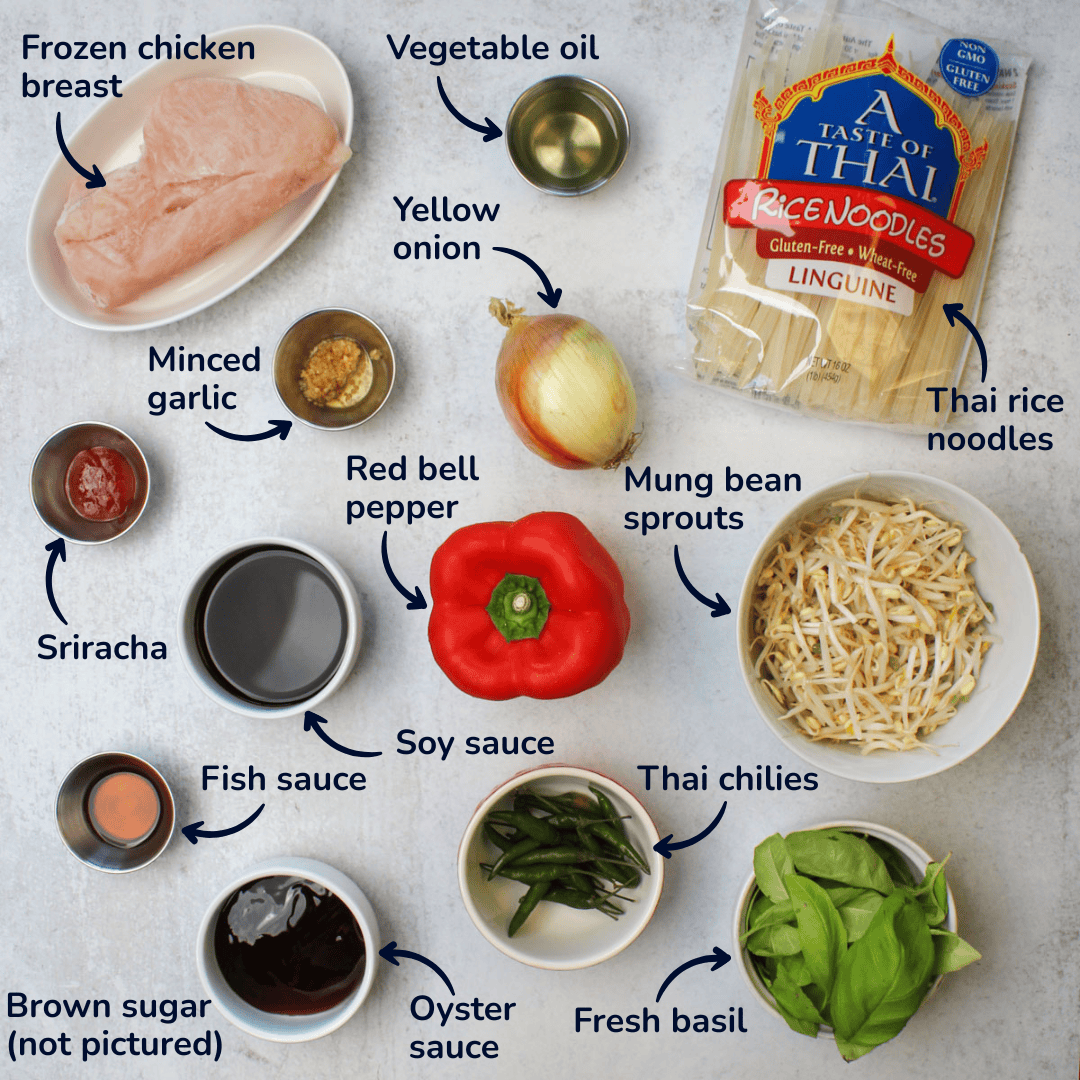 Ingredients for making Thai drunken noodles: Thai rice noodles, vegetable oil, frozen chicken breast, yellow onion, red bell pepper, mung bean sprouts, thai chilies, fresh basil, minced garlic, sriracha, fish sauce, soy sauce, oyster sauce, and brown sugar.