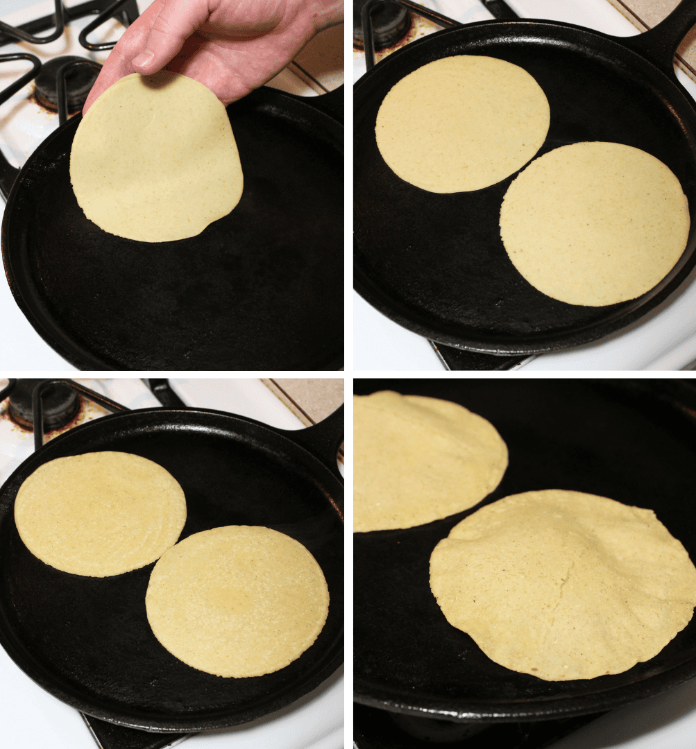 The steps for cooking homemade corn tortillas on a cast iron griddle: gently lay a tortilla flat on the griddle, then flip it twice, every 30 seconds until cooked.