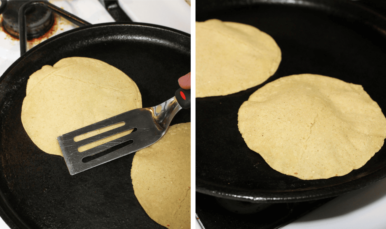 Two images showing how to help make a homemade corn tortilla puff up while cooking: using a spatula to press the outer edge of the tortilla, the tortilla puffing up while cooking.