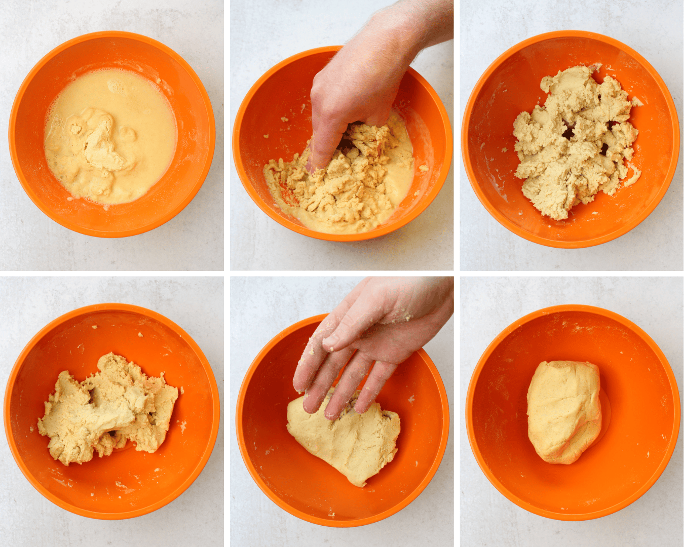Steps of mixing the masa for making homemade corn tortillas: the masa harina, water, and salt being combined in a mixing bowl until it becomes clumpy. Then pressing it into a ball.
