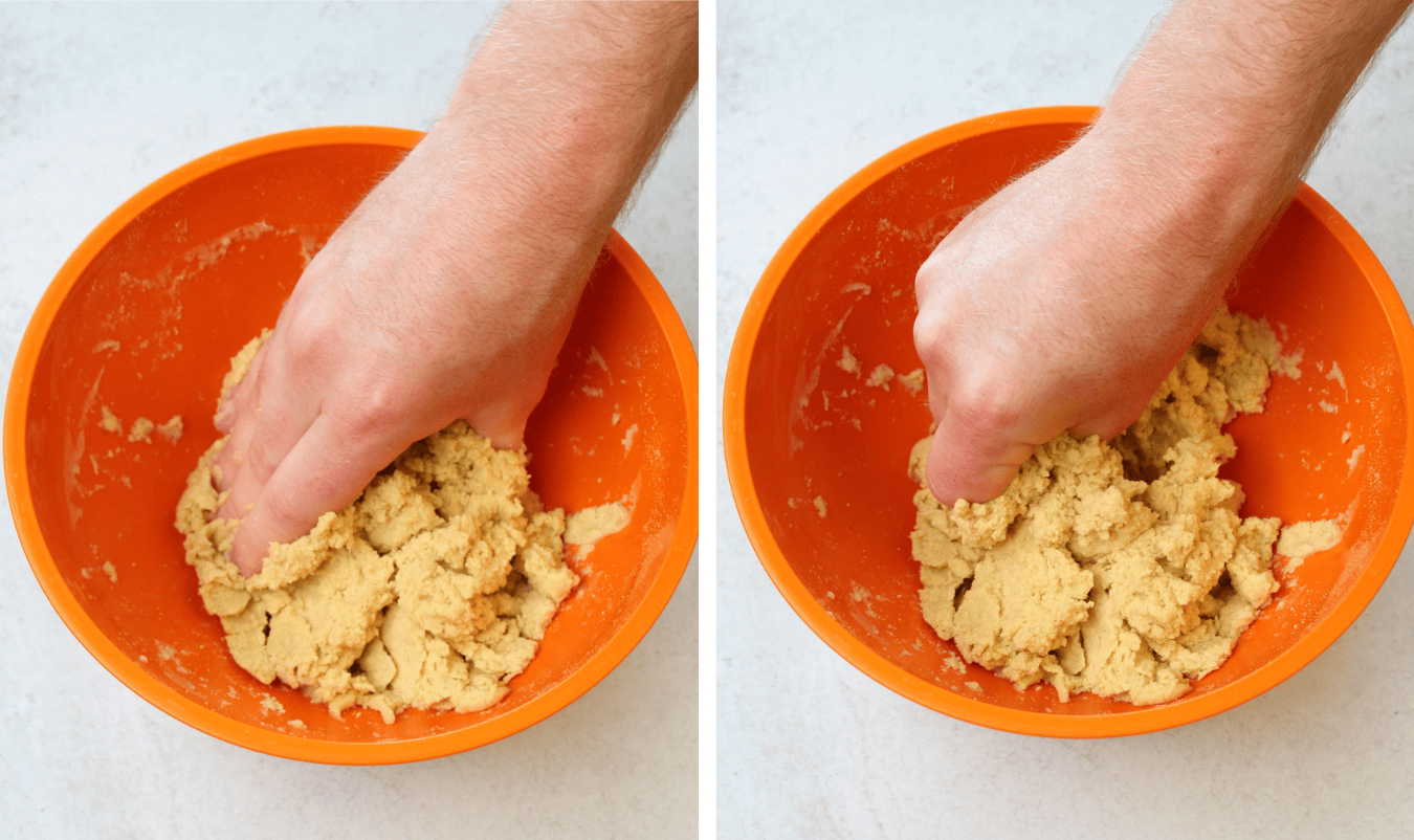 The pincer method used for mixing the masa. It shows a hand mixing the dough. Shape your hand like a crab or lobster claw, then use it to pinch the dough together.