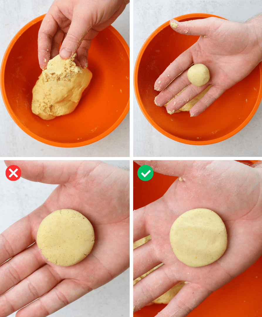 Showing the steps for testing the masa to see if it is hydrated enough or not. Pull a chunk off the masa, round it into a ball, and press it flat. If it shows cracking around the edge, it is not hydrated enough, if it does not show cracks, it's good to go.