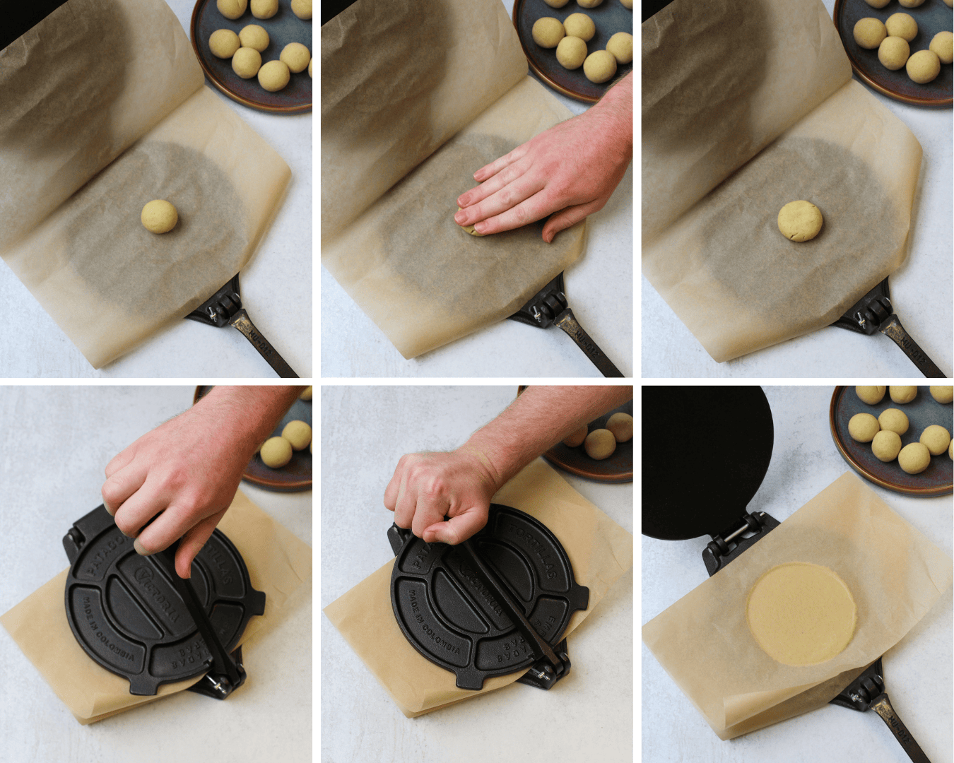 The steps for pressing a homemade corn tortilla in a tortilla press: place a ball of dough on the parchment lined press, flatten it out slightly with your hand, press it with the press and hold it for a couple seconds, then open the press.