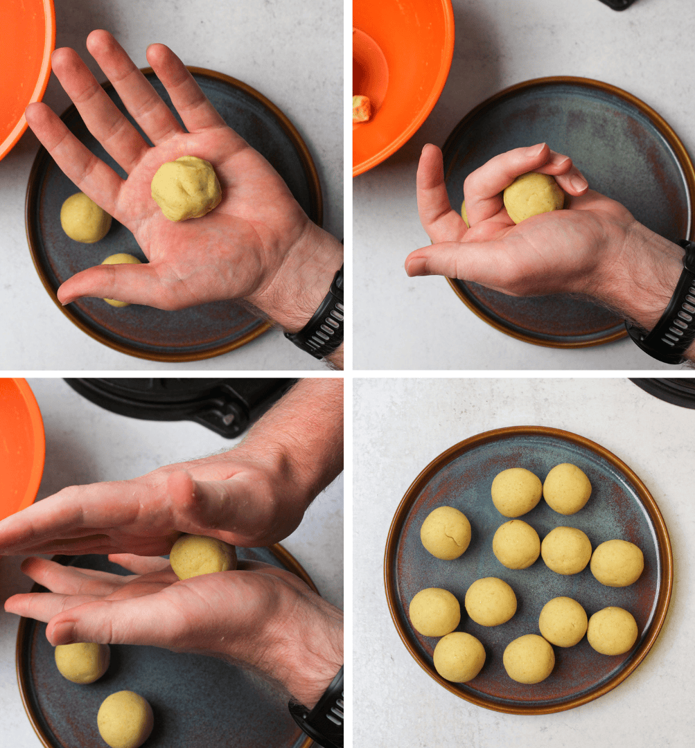 Steps showing how to form the masa into individual dough balls for making homemade corn tortillas.