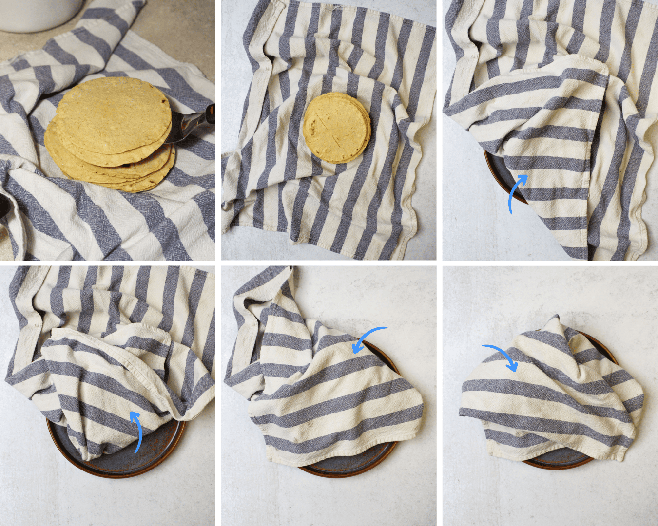 The steps for how to keep homemade corn tortillas warm by wrapping them in a clean kitchen towel.