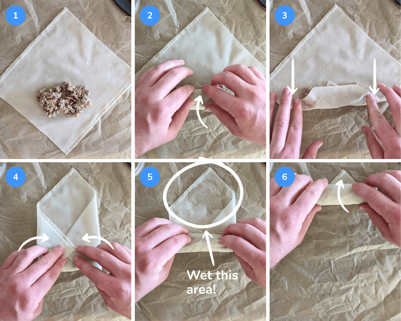 A collage showing how to roll an egg roll: add the filling, roll from the bottom up over the filling, press down on each side, fold in both sides to make an envelope, wet the top inside area, and roll to close.