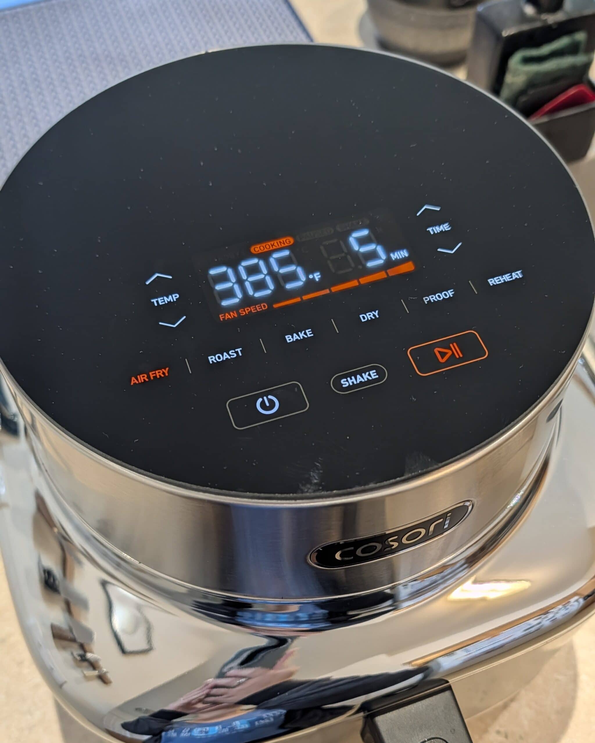 A close view of the touchscreen controls on the Cosori Iconic air fryer.