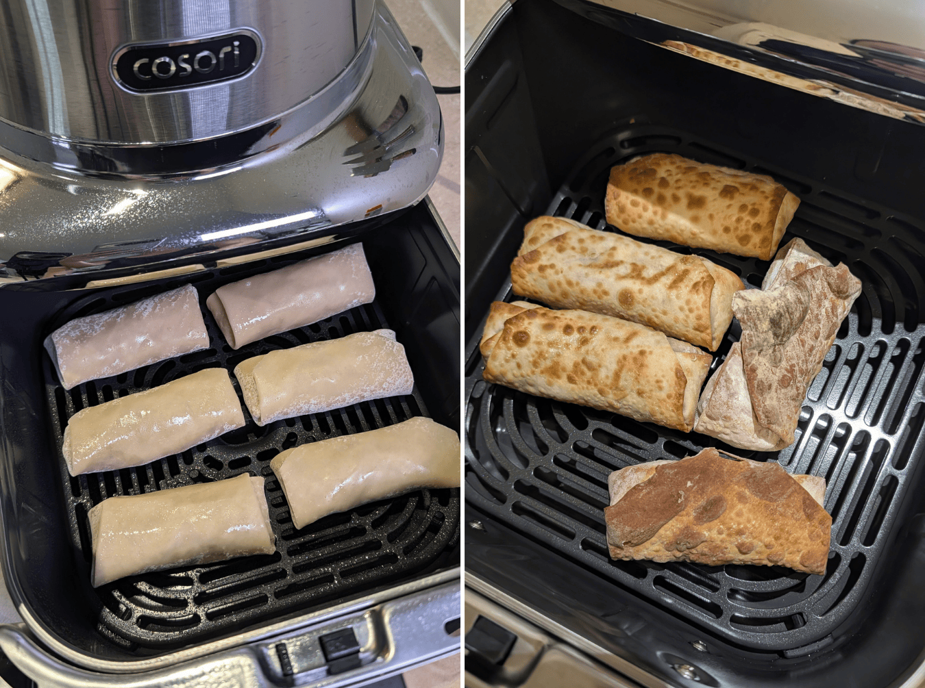 Egg rolls before and after cooking in the cosori air fryer.
