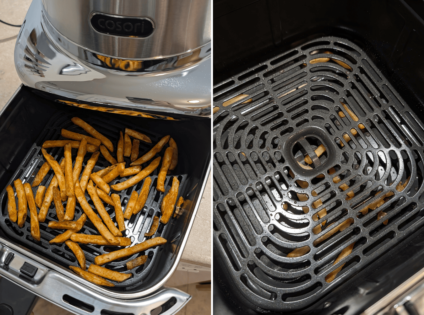 Fries after cooking in the cosori air fryer, and some stuck underneath the plate.