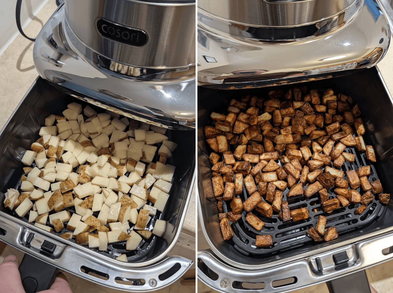 Crispy potatoes before and after being cooked in the cosori air fryer.