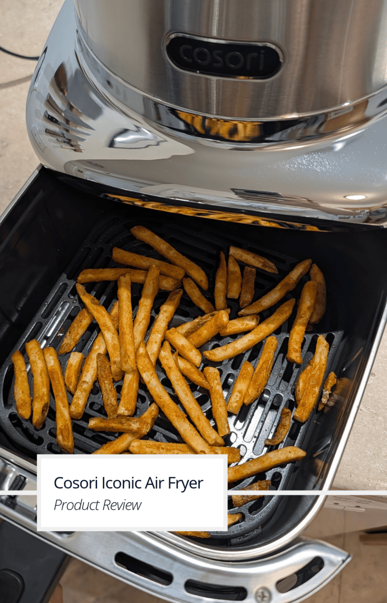 Crispy french fries in an air fryer with a title overlaid.