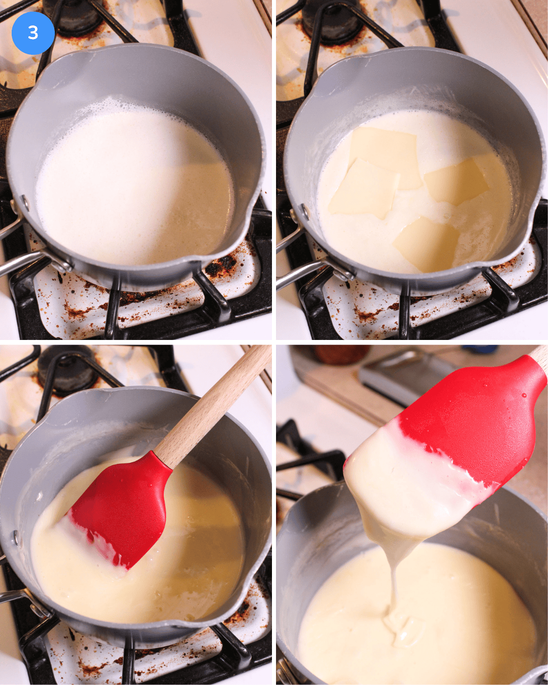 A collage showing how to make an american cheese sauce: melt the heavy cream in a saucepan on the stove, add slices of american cheese and stir until melted, gooey, and thick.